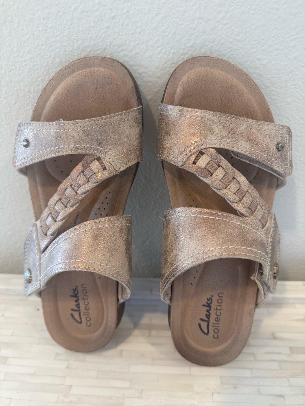 Clarks Metallic Rose Gold Braided Strap Slide Sandals